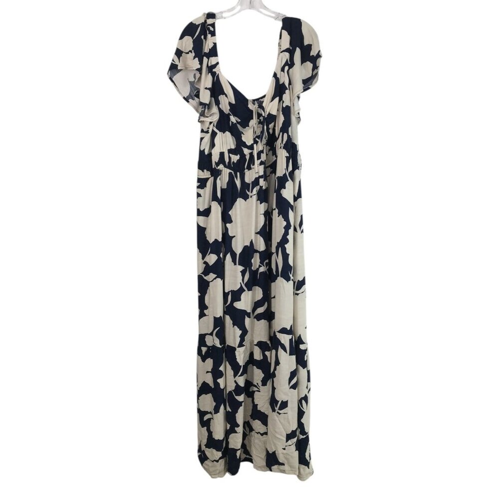 AVA & VIV DRESS WOMENS PLUS 2X BLUE WHITE FLORAL ALL OVER‎ PRINT OFF SHOULDER